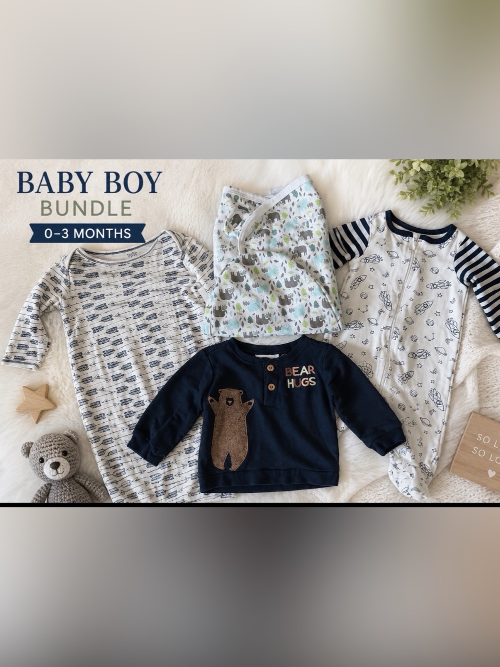 #36- BABY 🍼 BOY BUNDLE 4 pc 0-3M SwaddleMe Sleep Sack + Outfits Set~ Organic